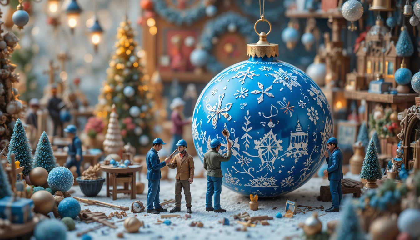 Miniature Workers Decorating A Blue Christmas Ornament