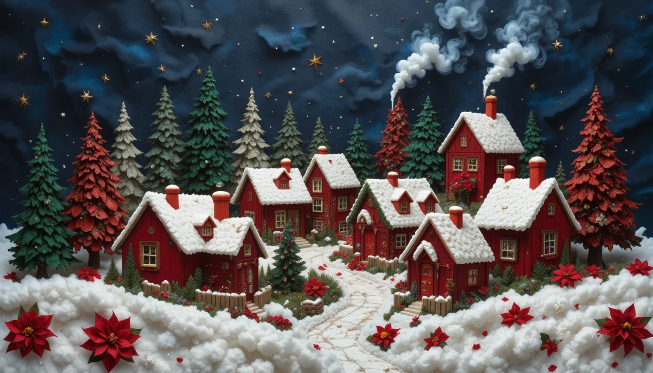 Village de Noël textile dans un paysage d’hiver enneigé