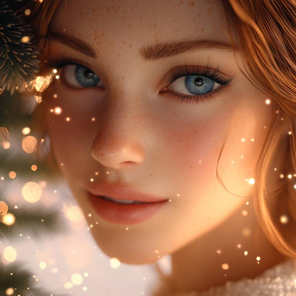 Jeune fille aux yeux bleus souriante dans une scène de Noël enneigée