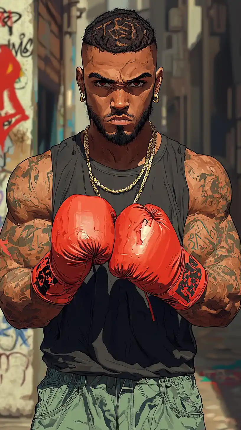 Jeune homme rebelle avec des gants de boxe dans une ruelle urbaine