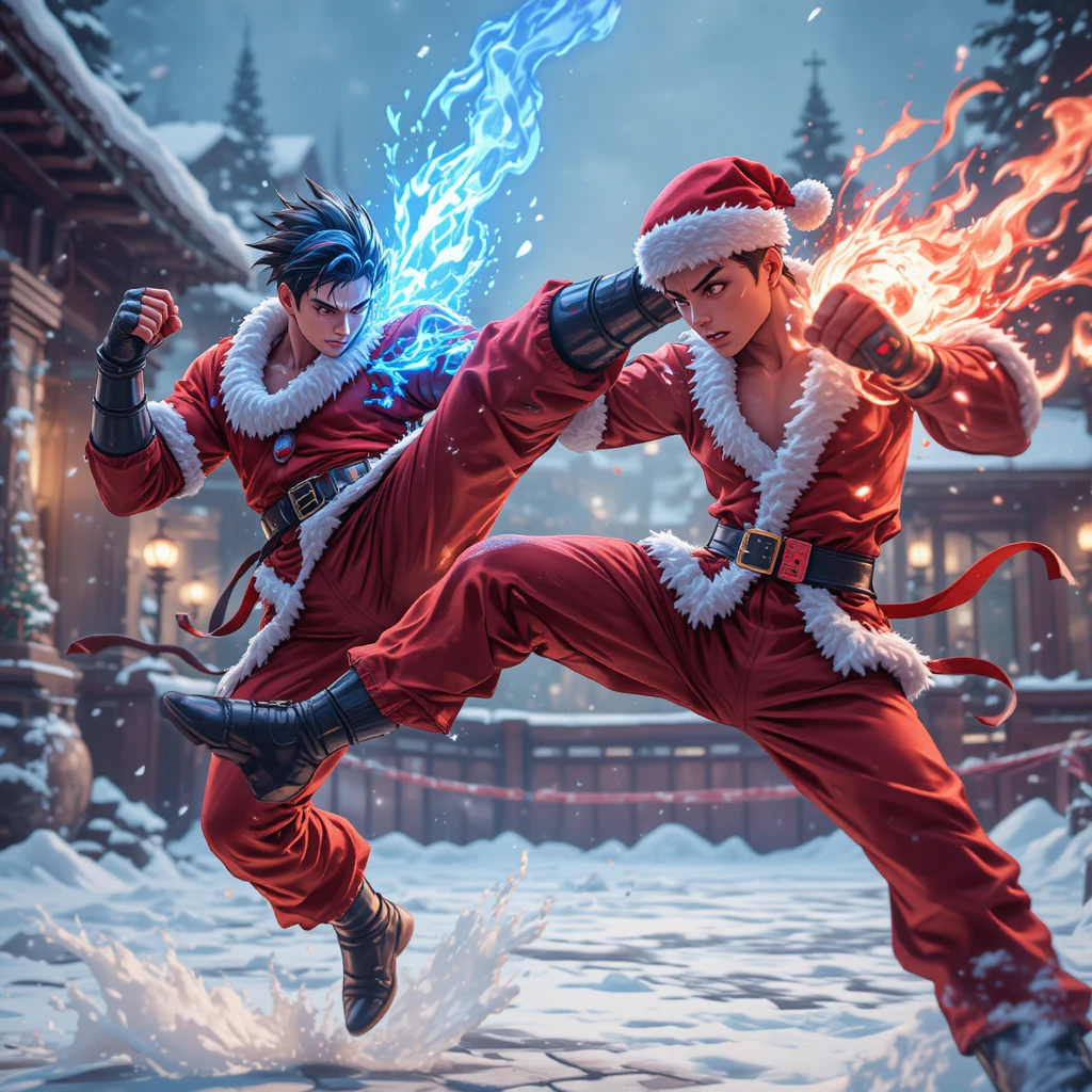 Anime fighters clash with elemental kicks in snowy arena