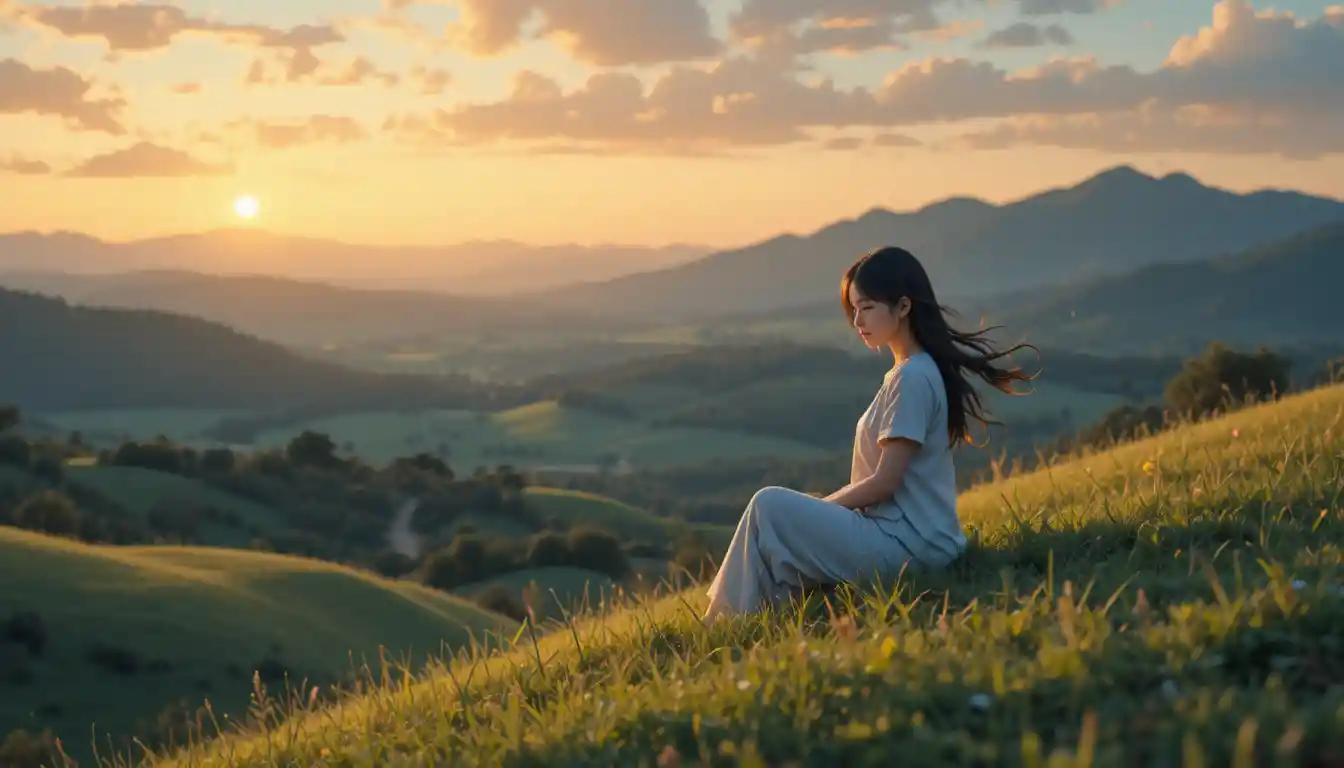 Anime-Mädchen sitzt bei Sonnenuntergang auf einem grasbewachsenen Hügel