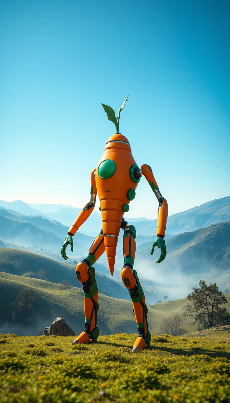 Mecha de cenoura futurista em um vale verde tranquilo