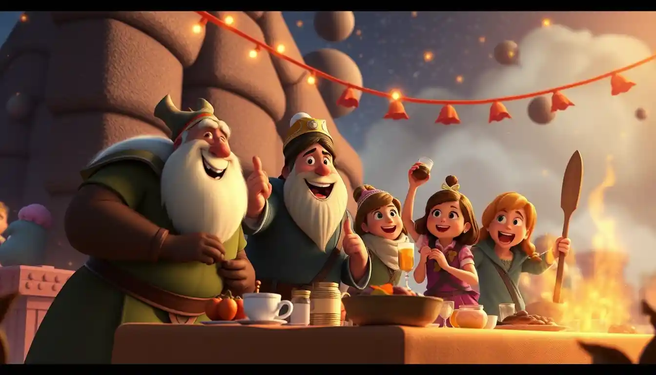 Joyful 3D banquet feast celebrating an epic victory