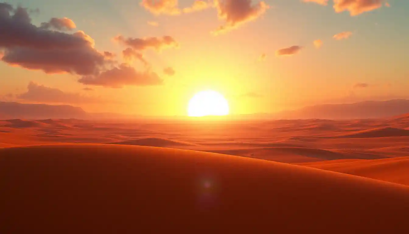 Sunrise glowing over a vast 3D desert horizon