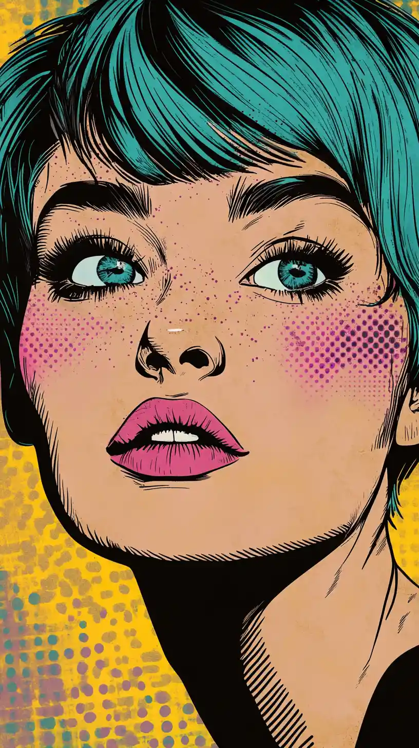 Teal haired girl pop art portrait with confident gaze