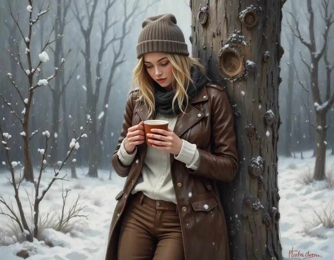 Femme se reposant avec un café sous une paisible neige d’hiver