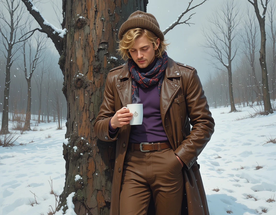 Man Resting Against Tree In Gentle Winter Snowfall