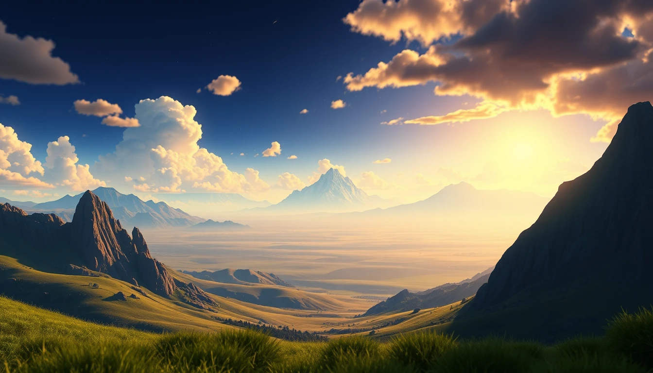 Paisagem épica de montanhas 3D no fim de uma longa jornada
