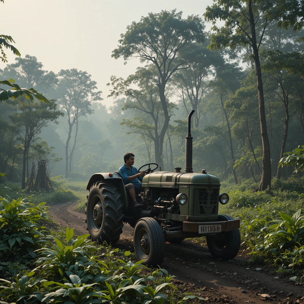 Fazendeiro dirigindo um trator antigo em uma estrada de terra ao amanhecer