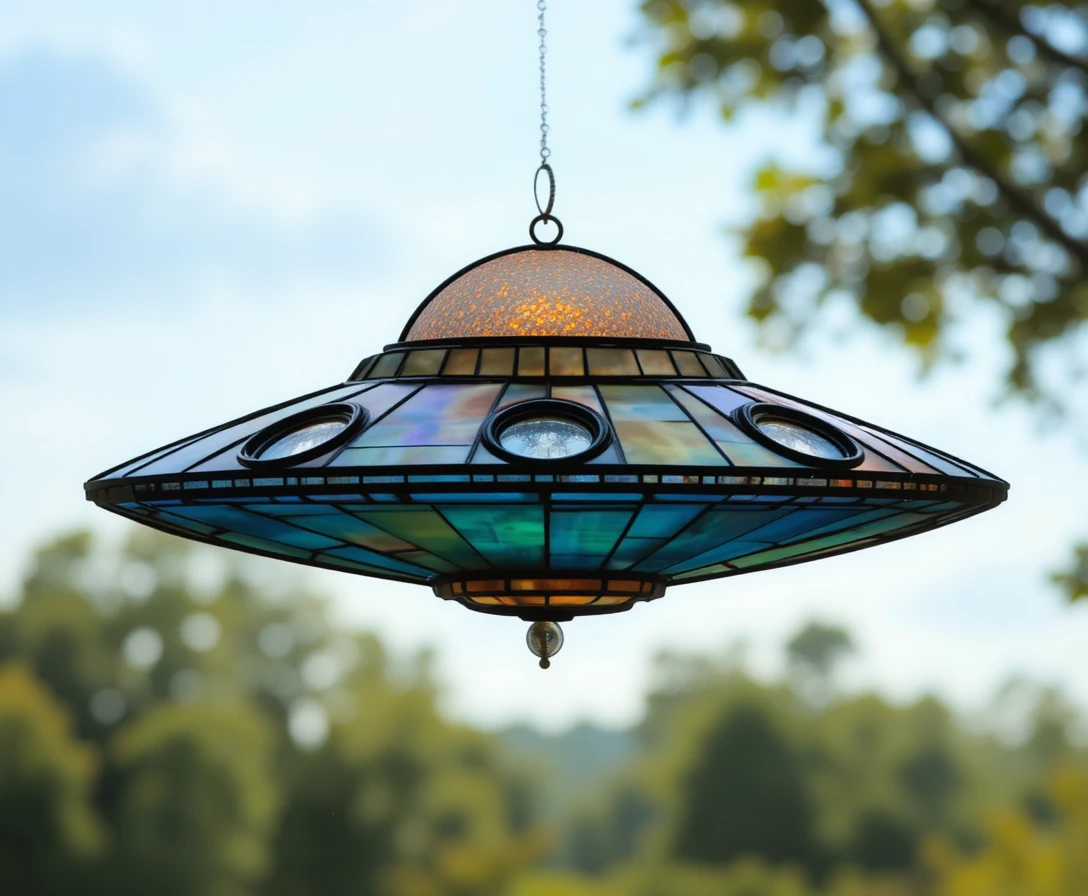 Stained glass flying saucer with three round porthole windows