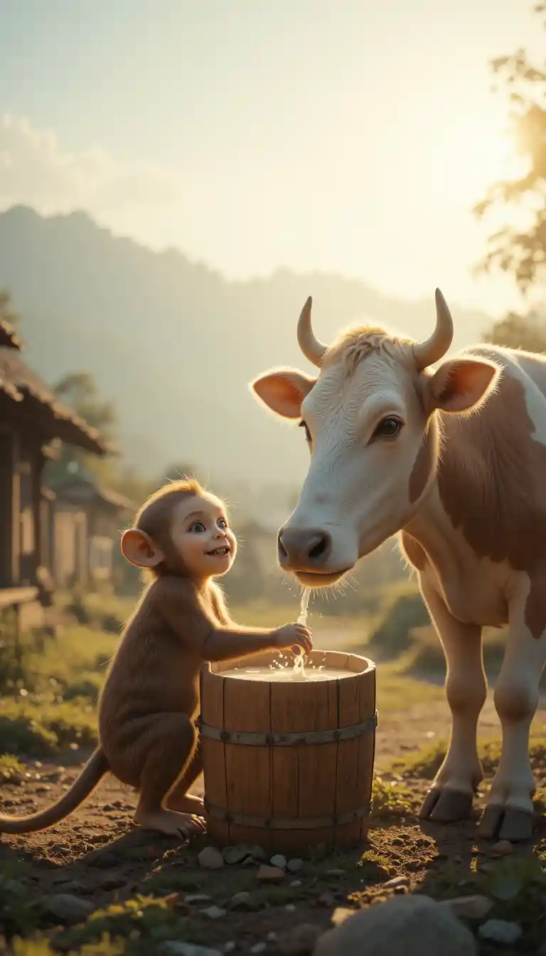 Affe trinkt Milch neben sanfter Kuh im ländlichen Morgengrauen