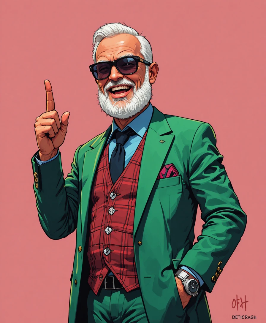 Velhinho feliz com bengala apontando para cima em blazer verde