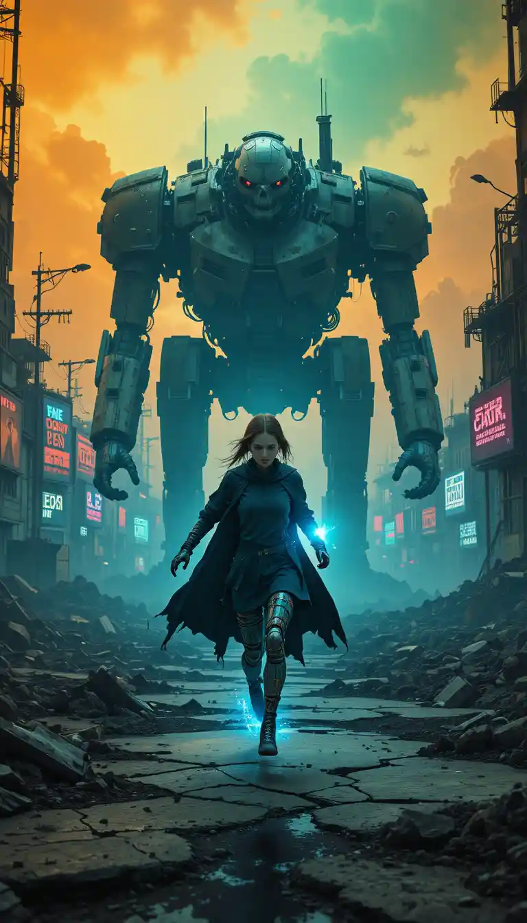 Cybernetic girl running through a ruined neon wasteland