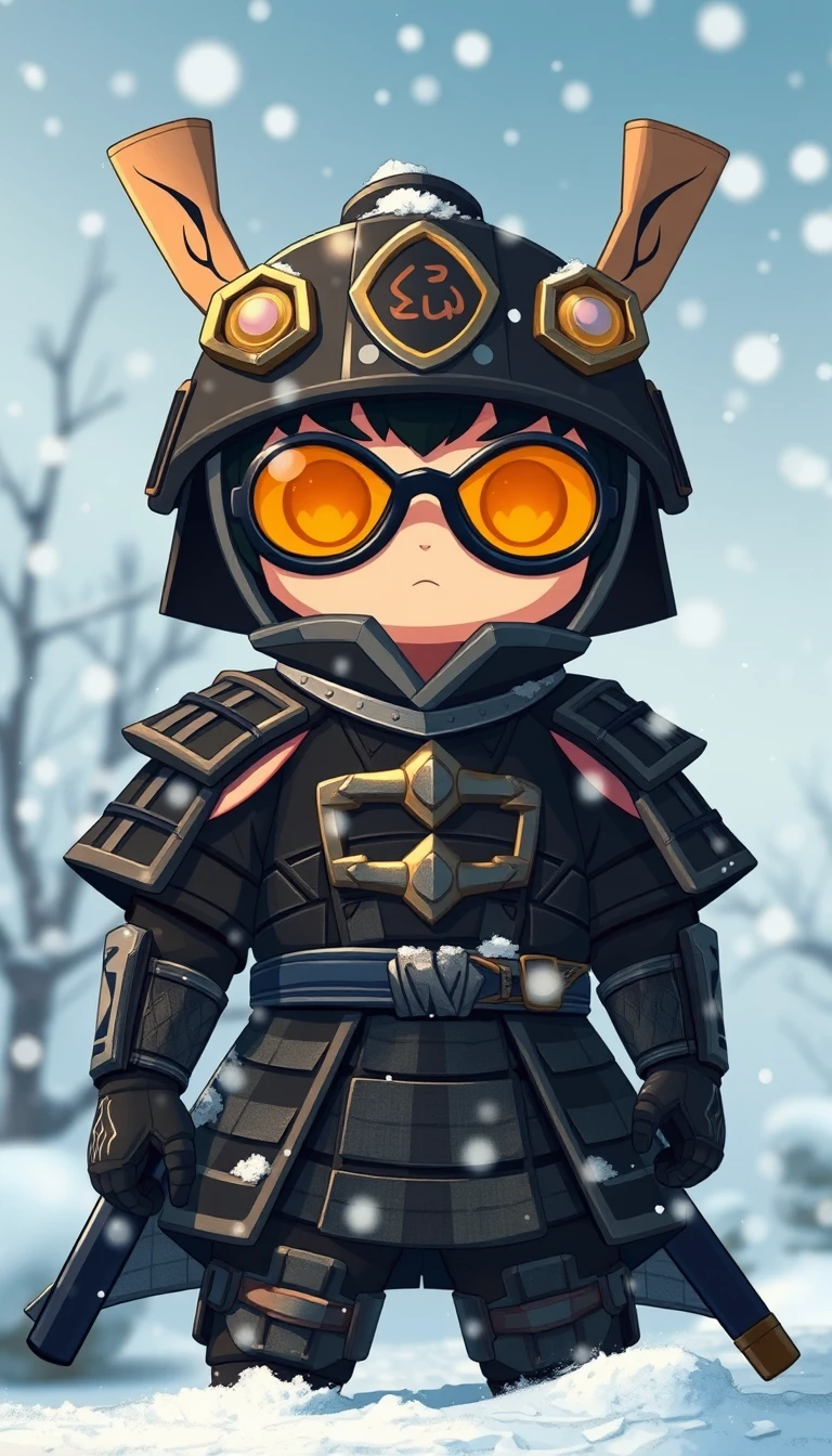 Guerrero insecto de anime con armadura samurái bajo la nieve