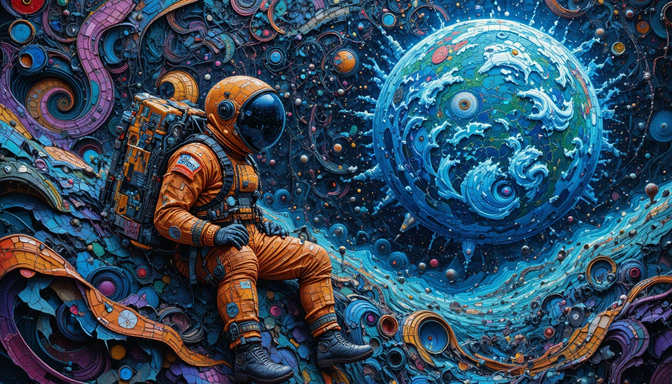 Two astronauts relaxing in a vibrant cosmic mosaic scene