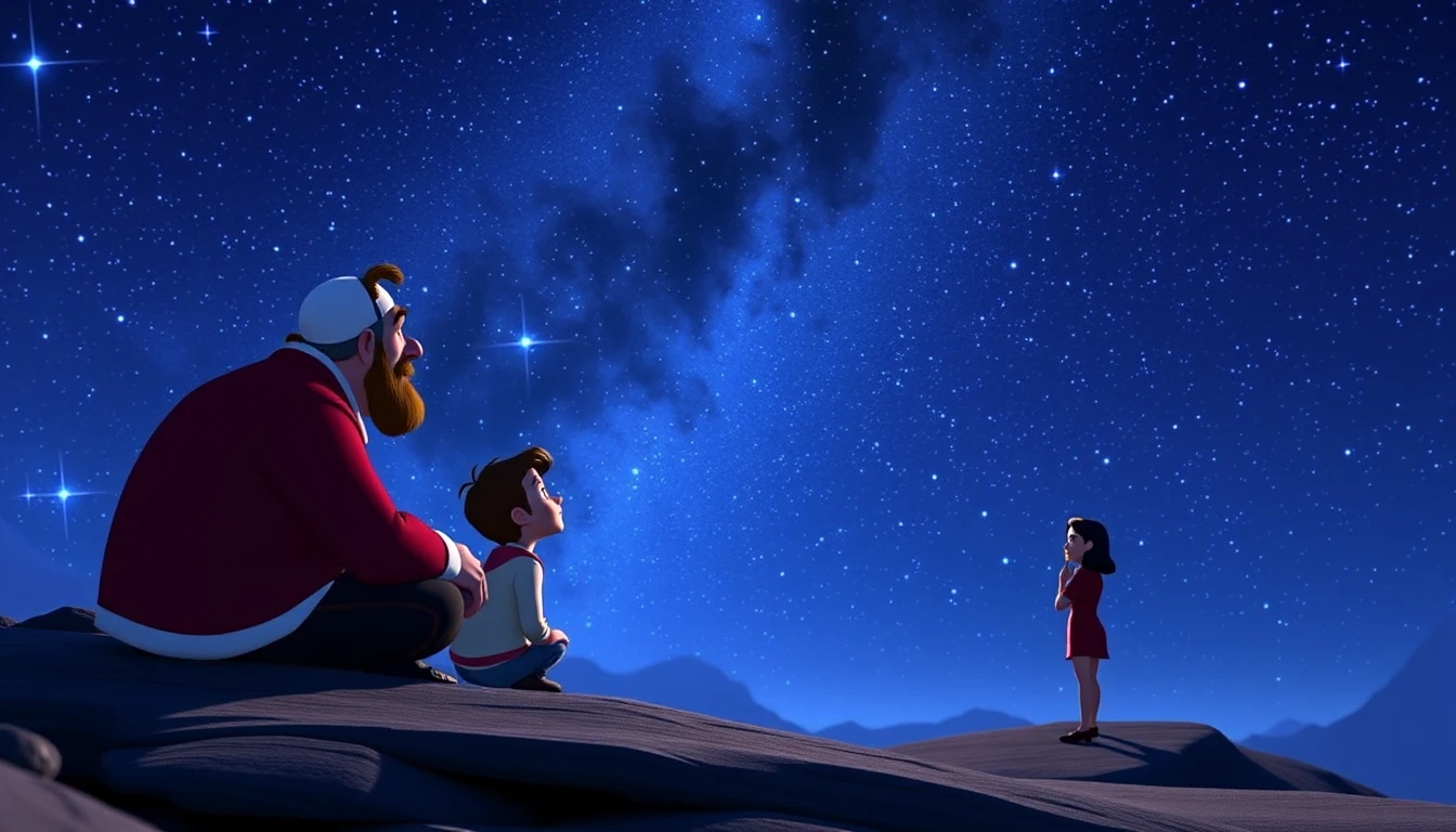 Scène Contemplative sous un Vaste Ciel Étoilé au Style Pixar
