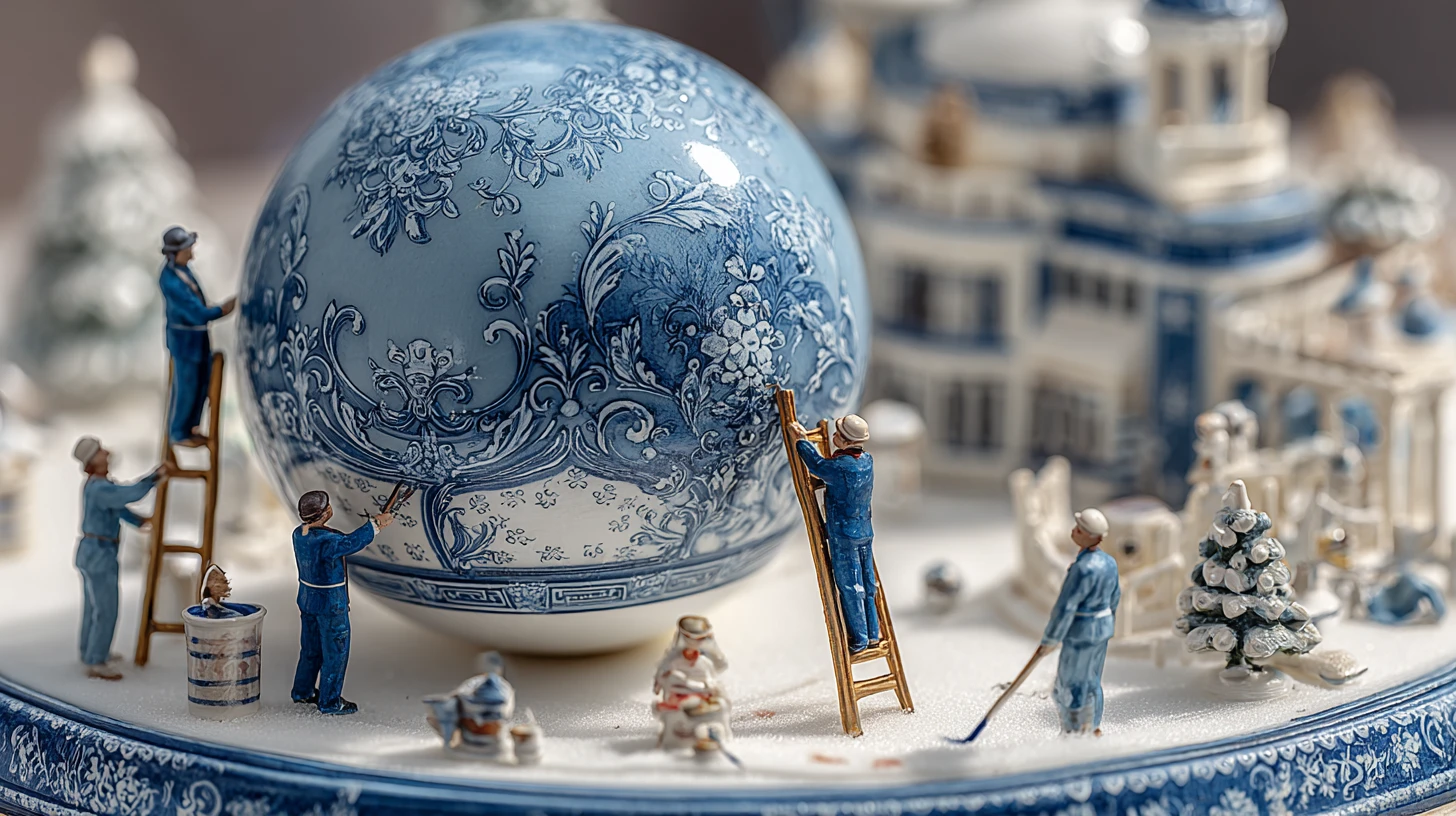 Lavoratori in miniatura che dipingono una pallina di Natale blu