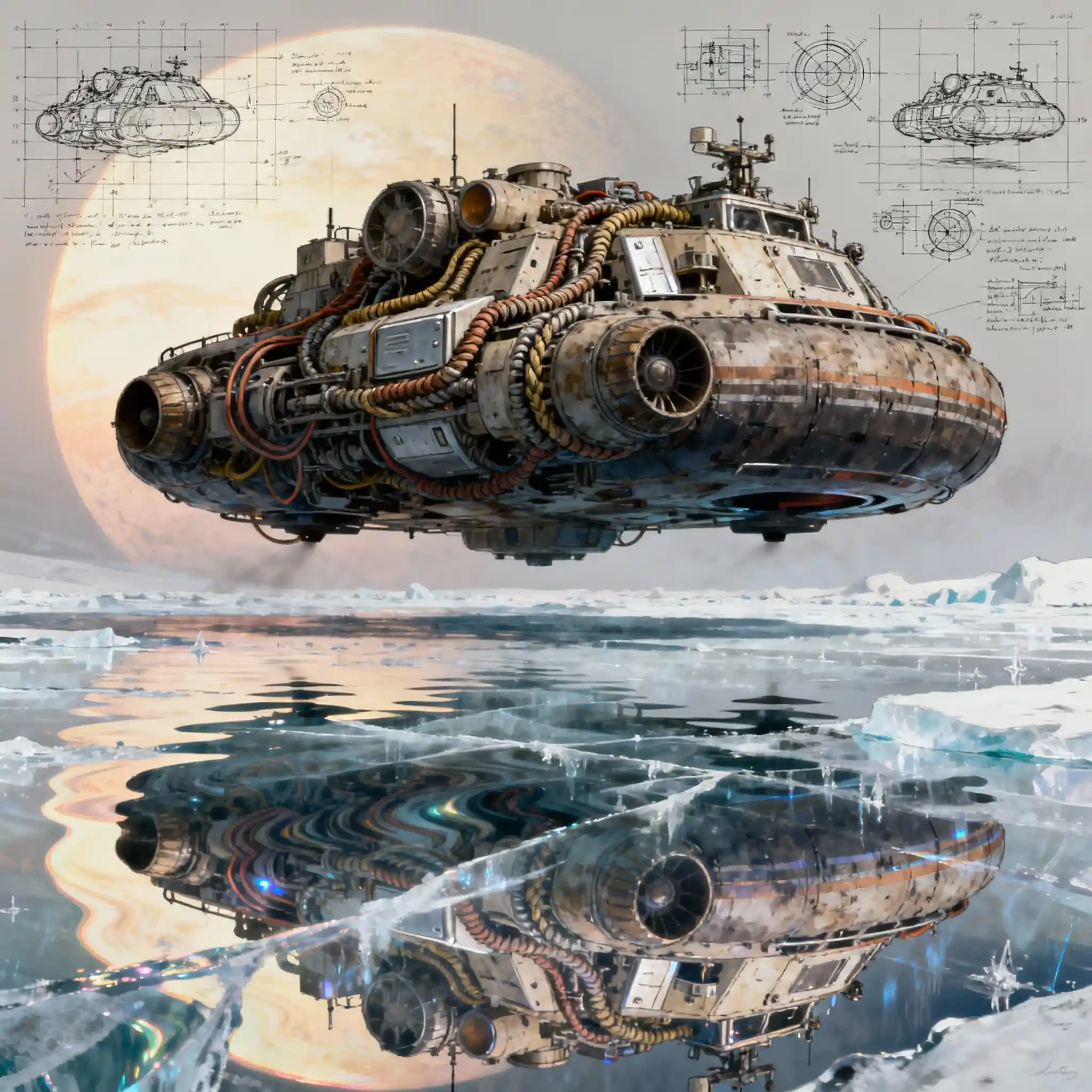 Intricate hovercraft sketch above icy reflective alien terrain