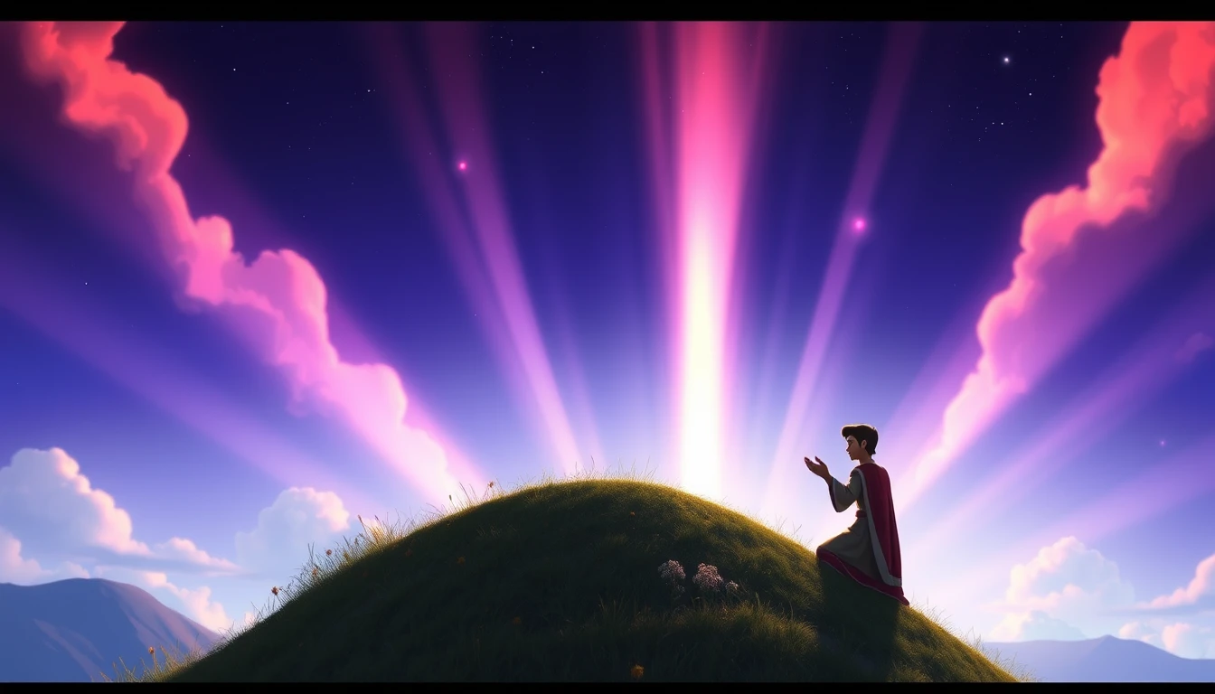 Lonely man praying on a hill in 3D animation