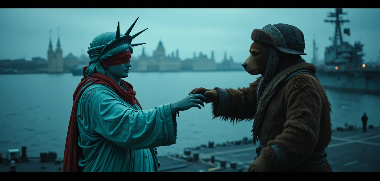 La Estatua de la Libertad saludando a un oso ruso en un portaaviones