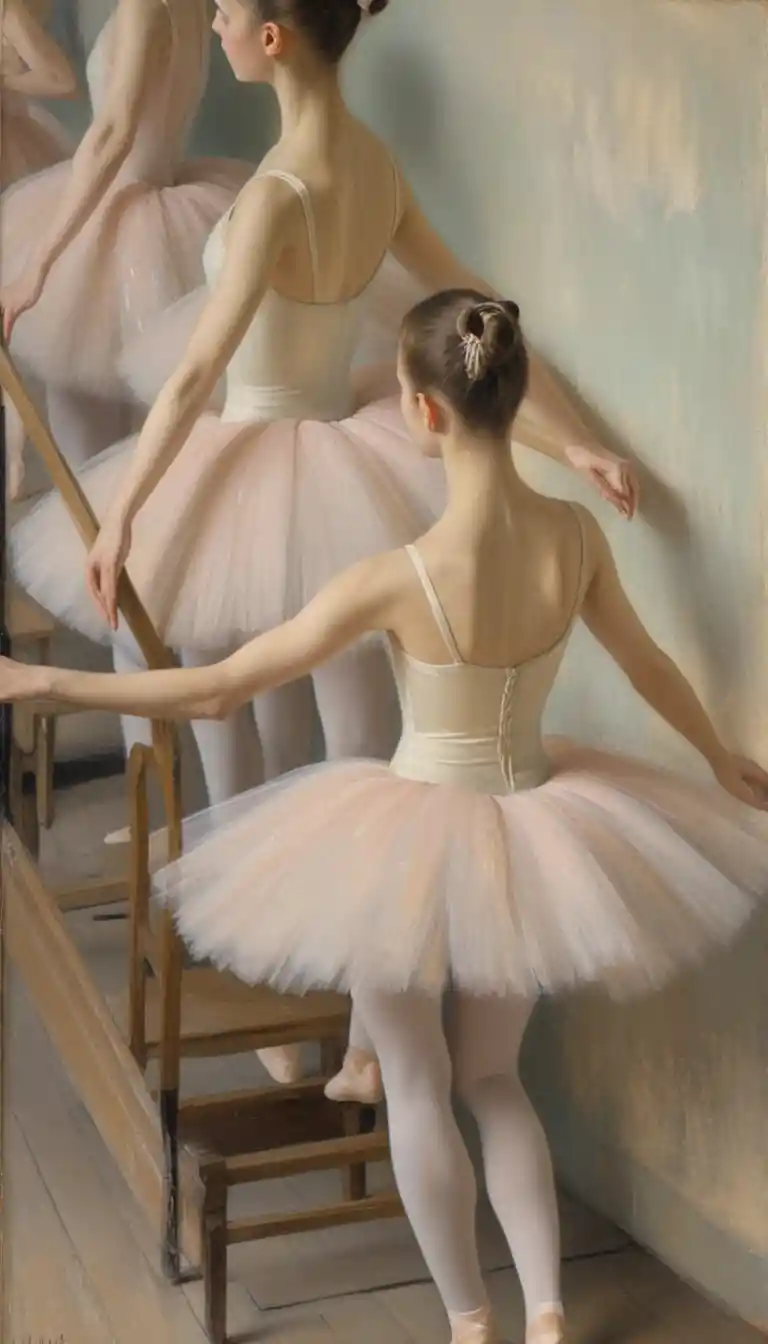 Impressionist painting of four ballerinas preparing backstage