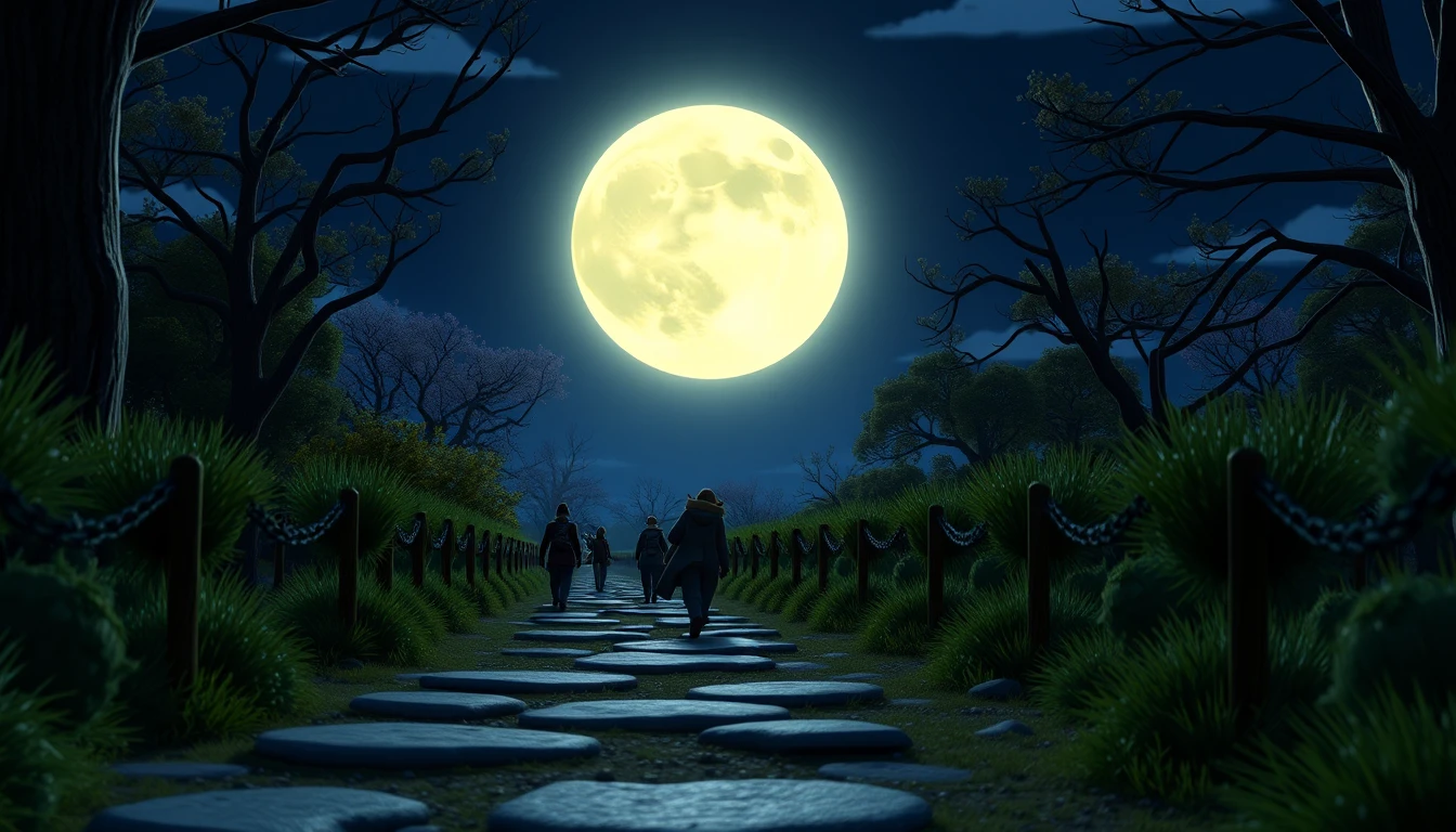 Vollmond erleuchtet einen geheimnisvollen nächtlichen Pfad in 3D