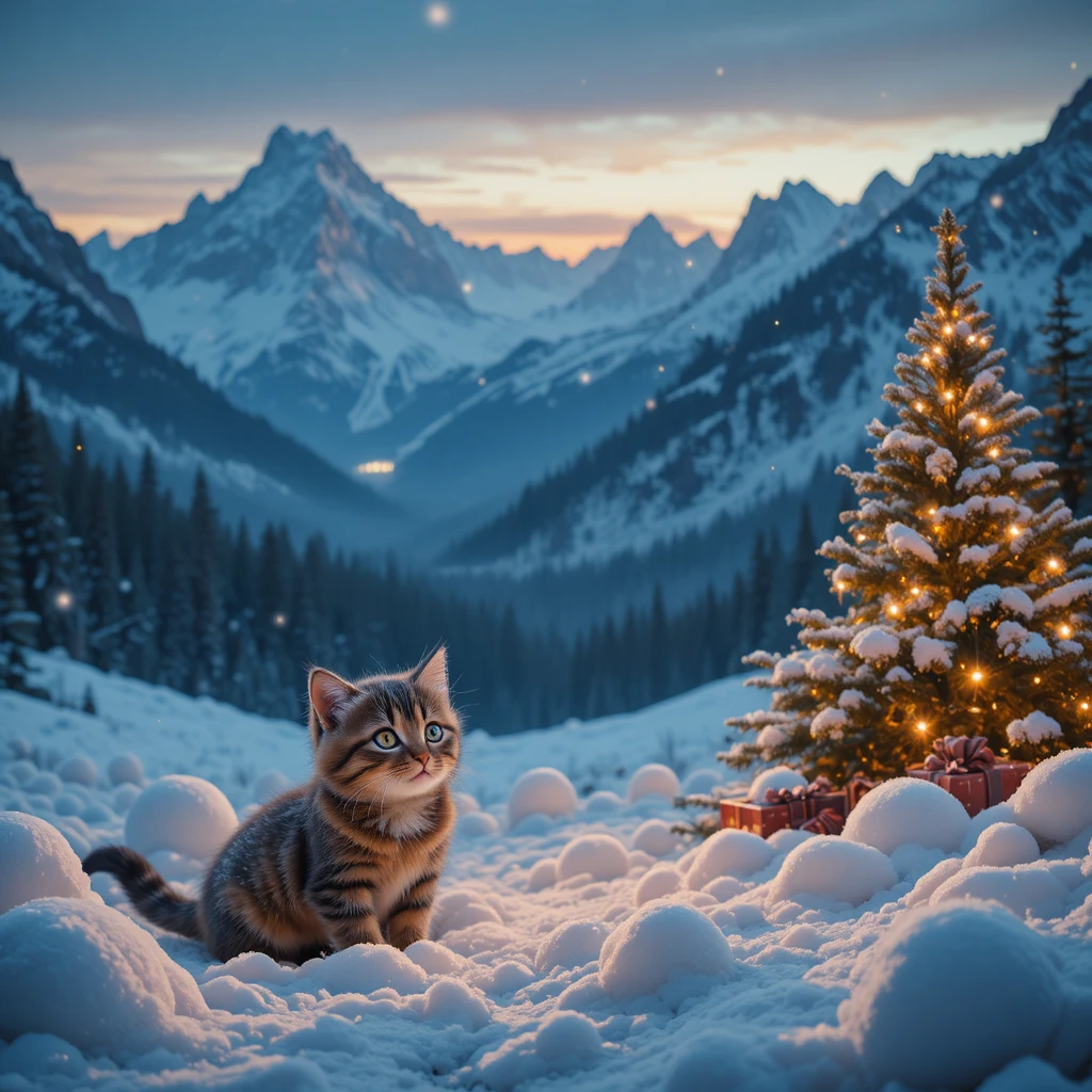 Gatinho fofo e bebê brincando juntos nas montanhas nevadas