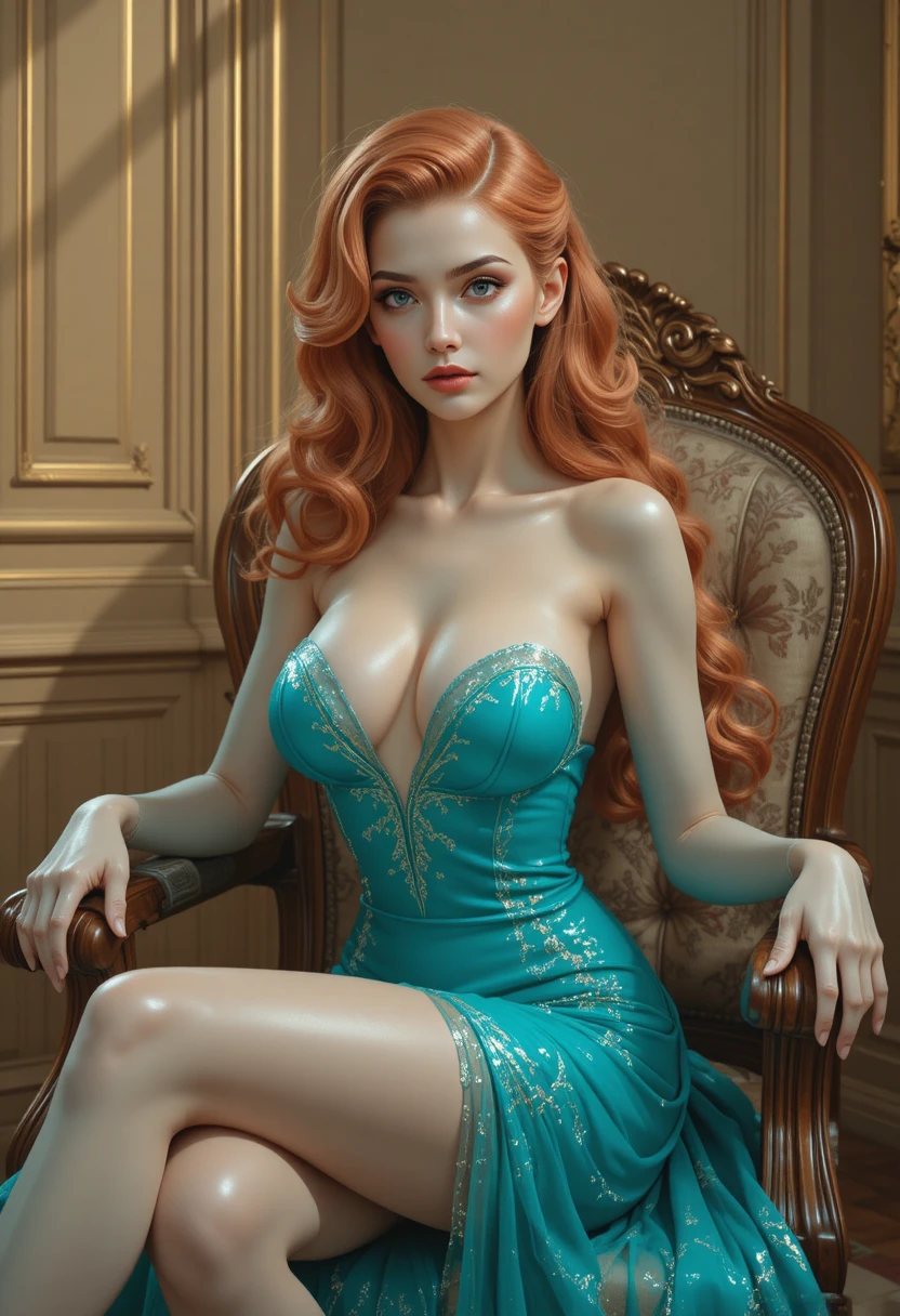 Red haired silicone doll on ornate golden chair