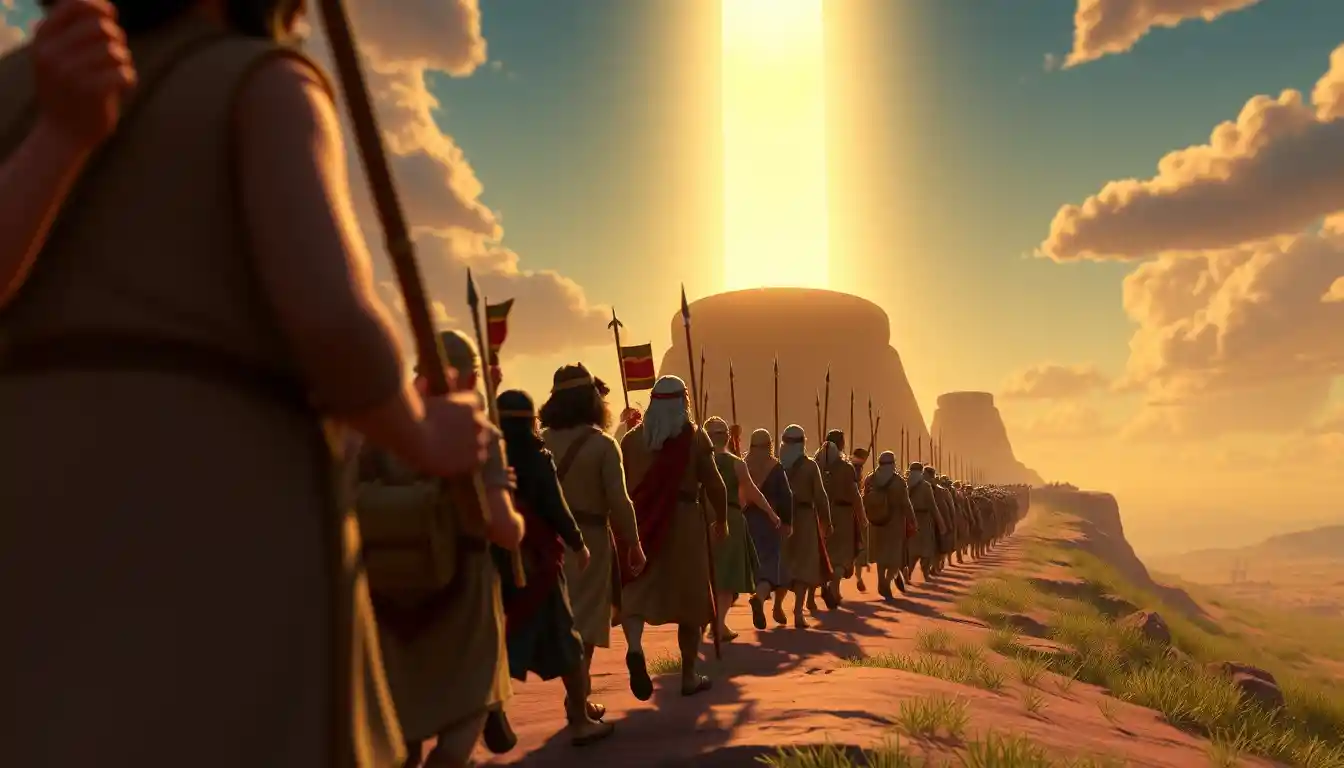 Multitud épica en 3D marchando hacia una lejana tierra prometida