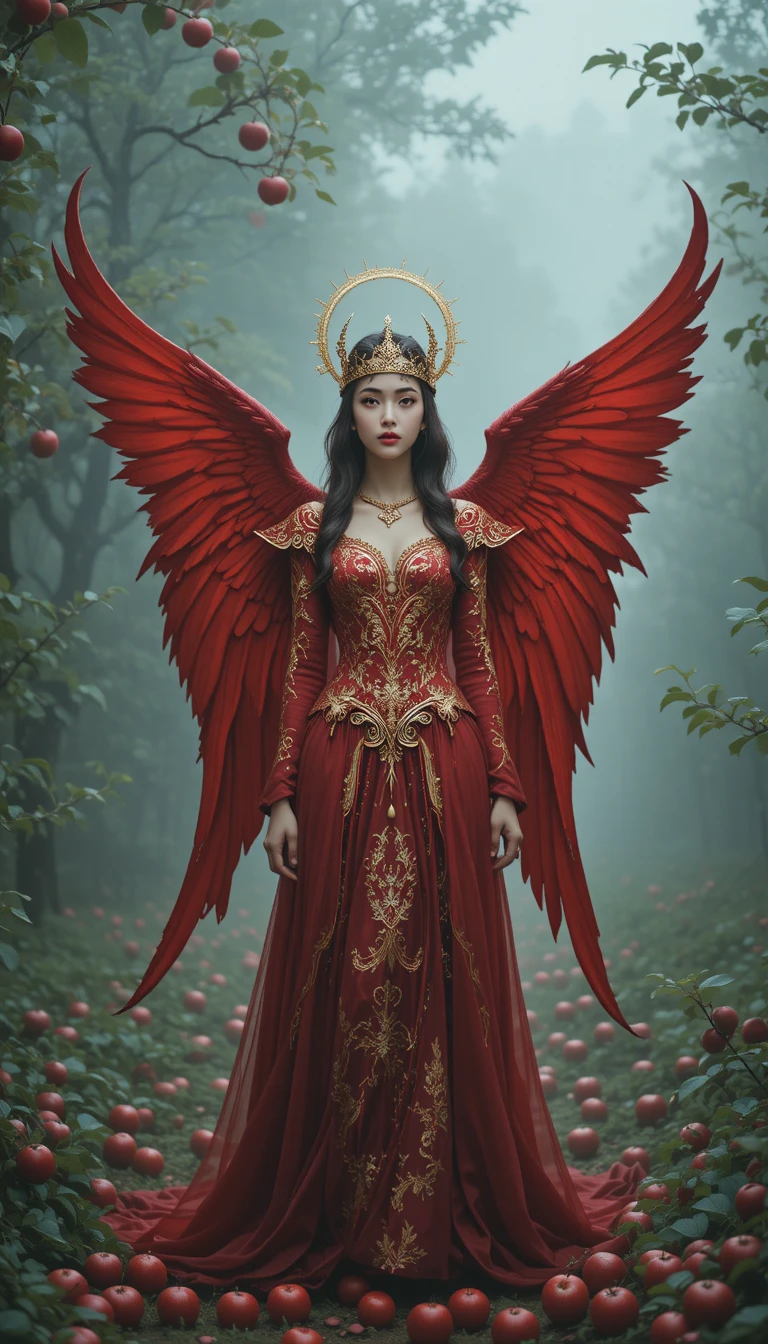 Donna angelica in abito rosso in un meleto avvolto nella foschia