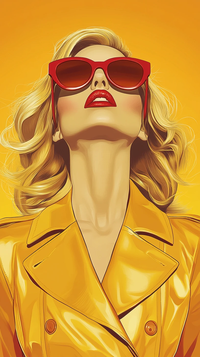 Stylish blonde woman in red sunglasses and yellow trench coat