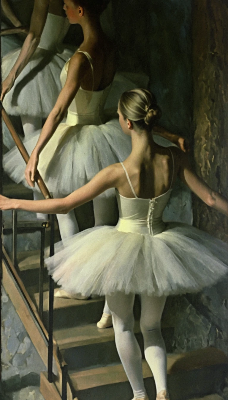 Impressionist painting of four ballerinas preparing backstage