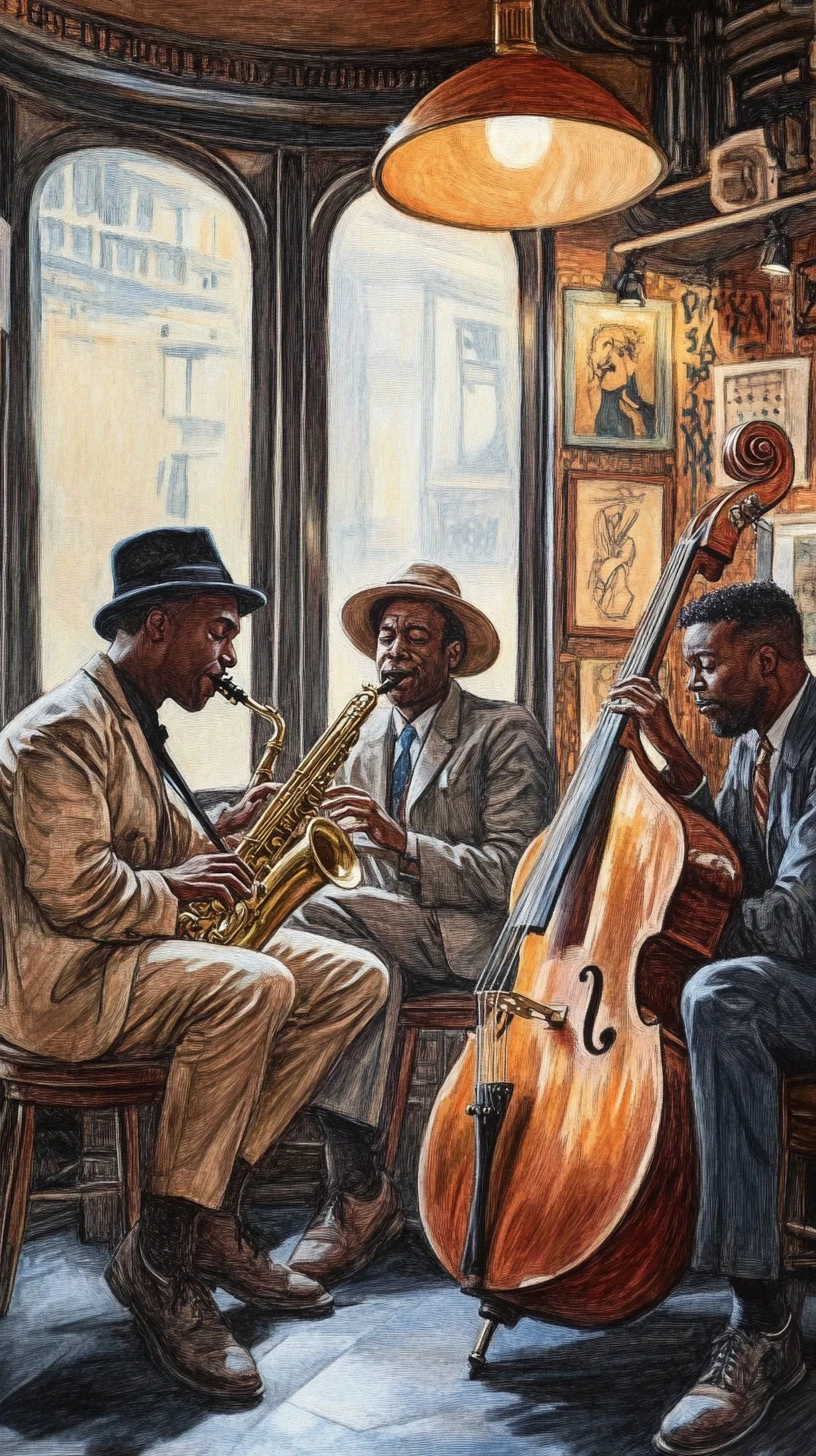 Color pencil illustration of jazz band in cozy club