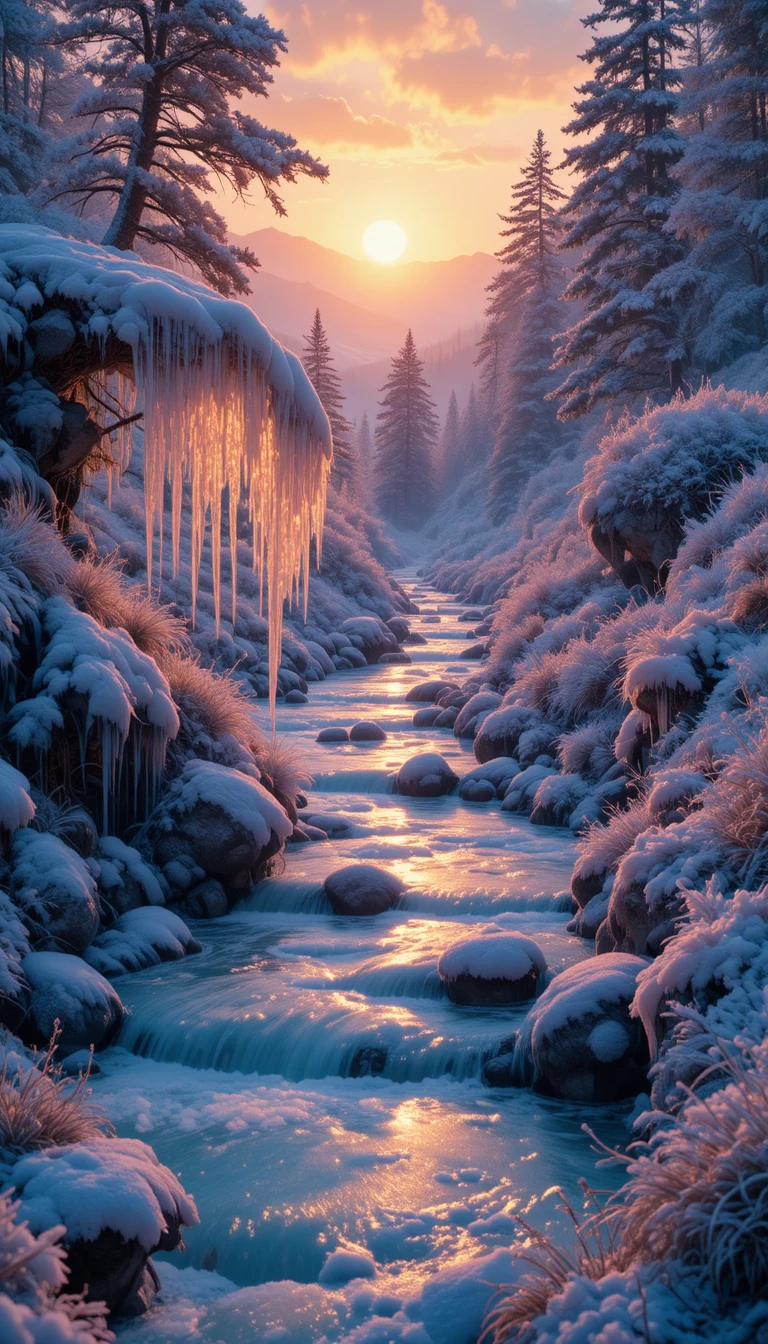 Frozen mountain stream glowing under iridescent sunset light
