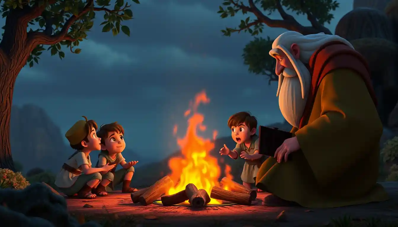 Des enfants apprennent les lois autour d’un feu avec de sages anciens