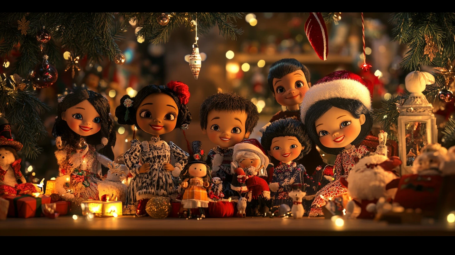 Bonecos festivos reunidos em um aconchegante interior de Natal