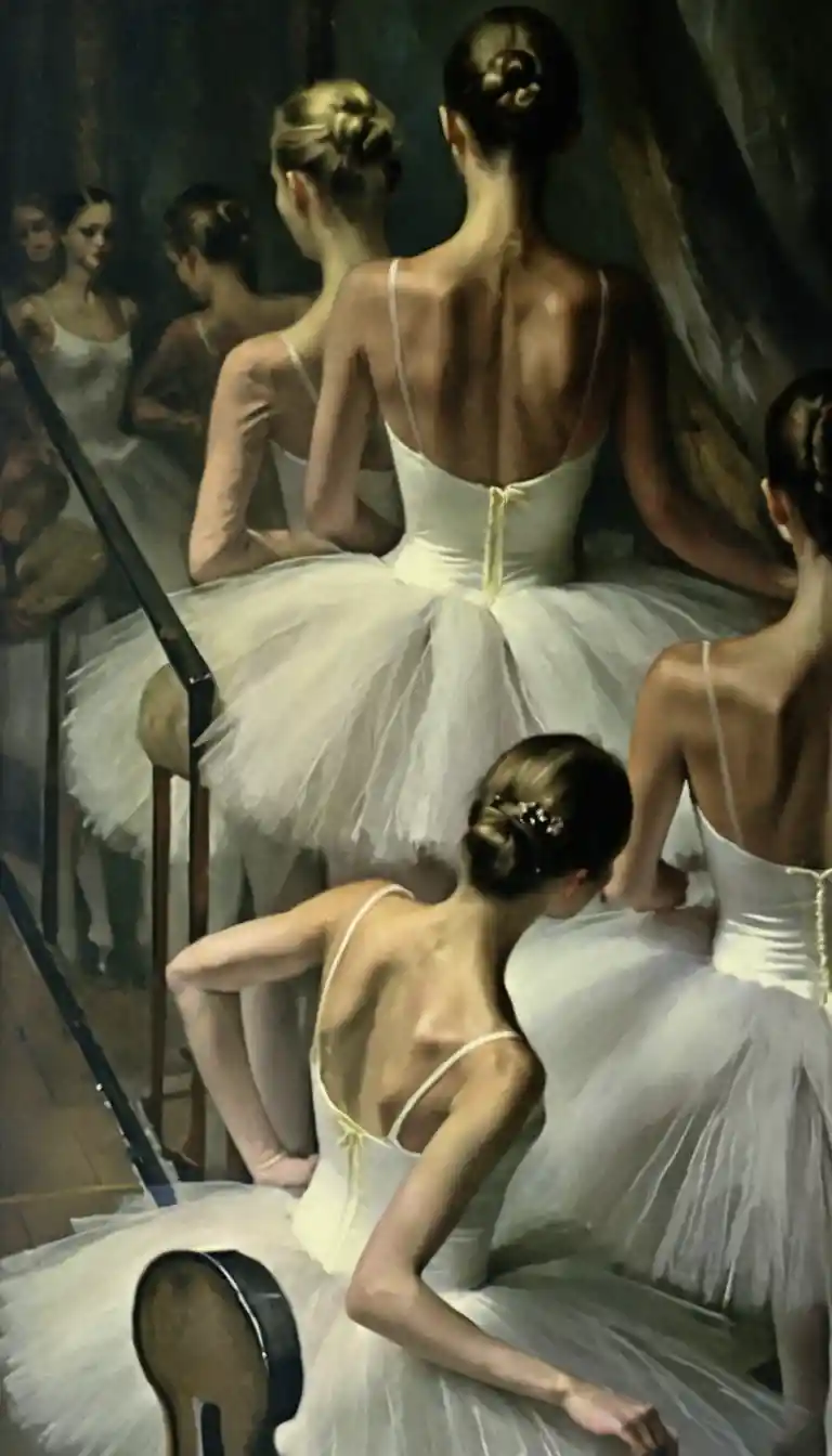 Impressionist oil painting of ballerinas preparing backstage