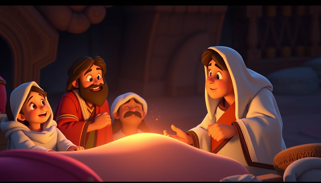 Cena 3D em estilo Pixar com milagres entre os doentes
