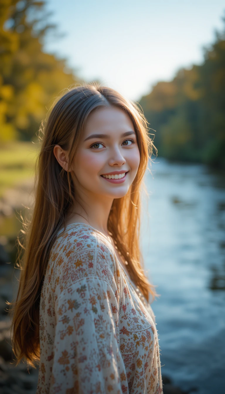 Donna russa sorridente accanto a un fiume calmo all'alba