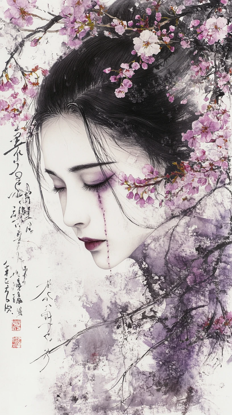 被櫻花與書法簾幕遮掩的藝伎肖像