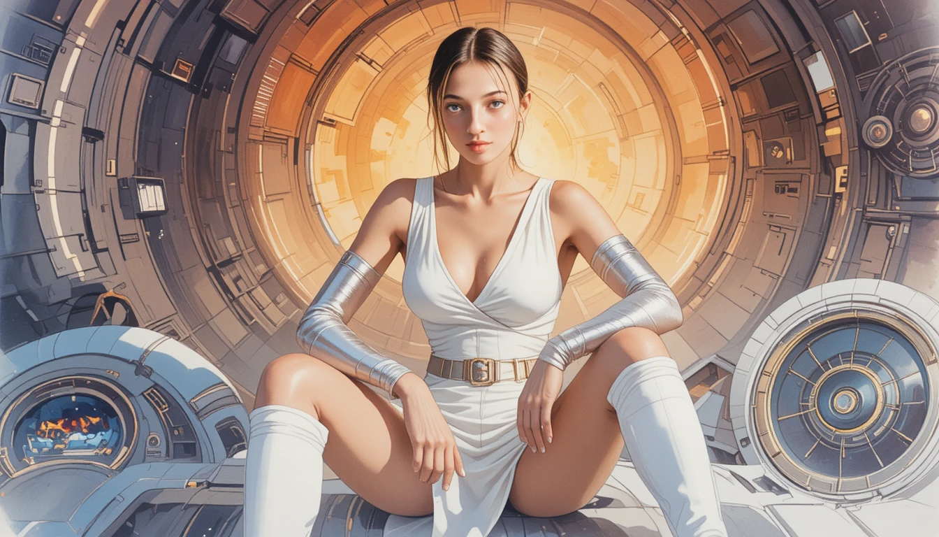 Aquarell-Sci-Fi-Heldin auf futuristischem Kontrollpult