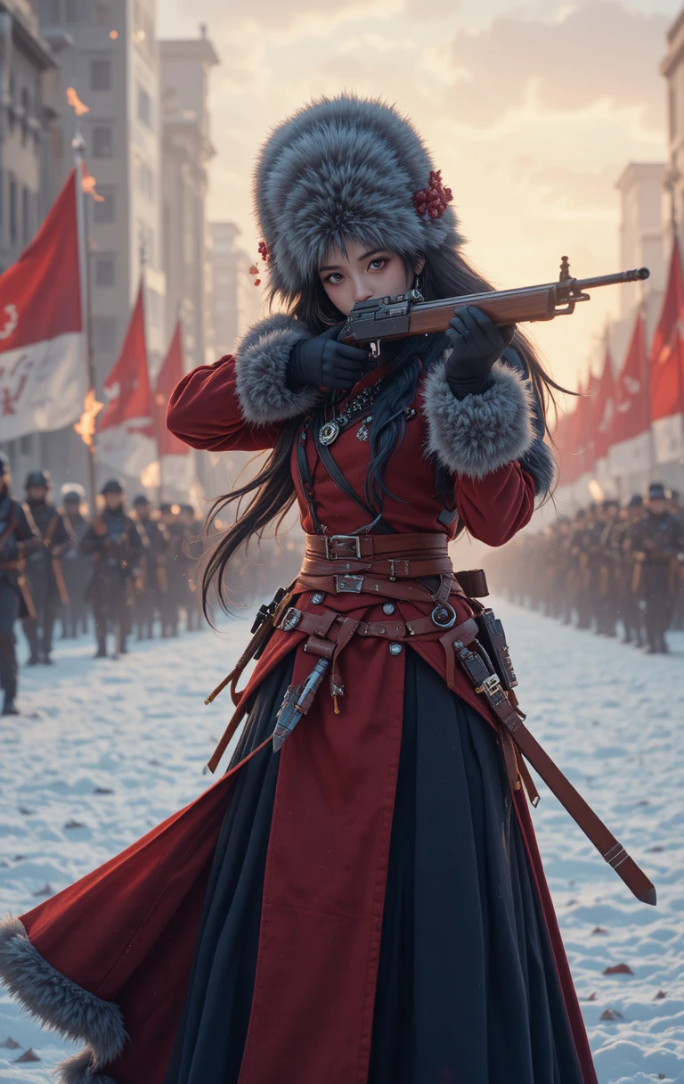 Anime girl aiming rifle at dawn on snowy base