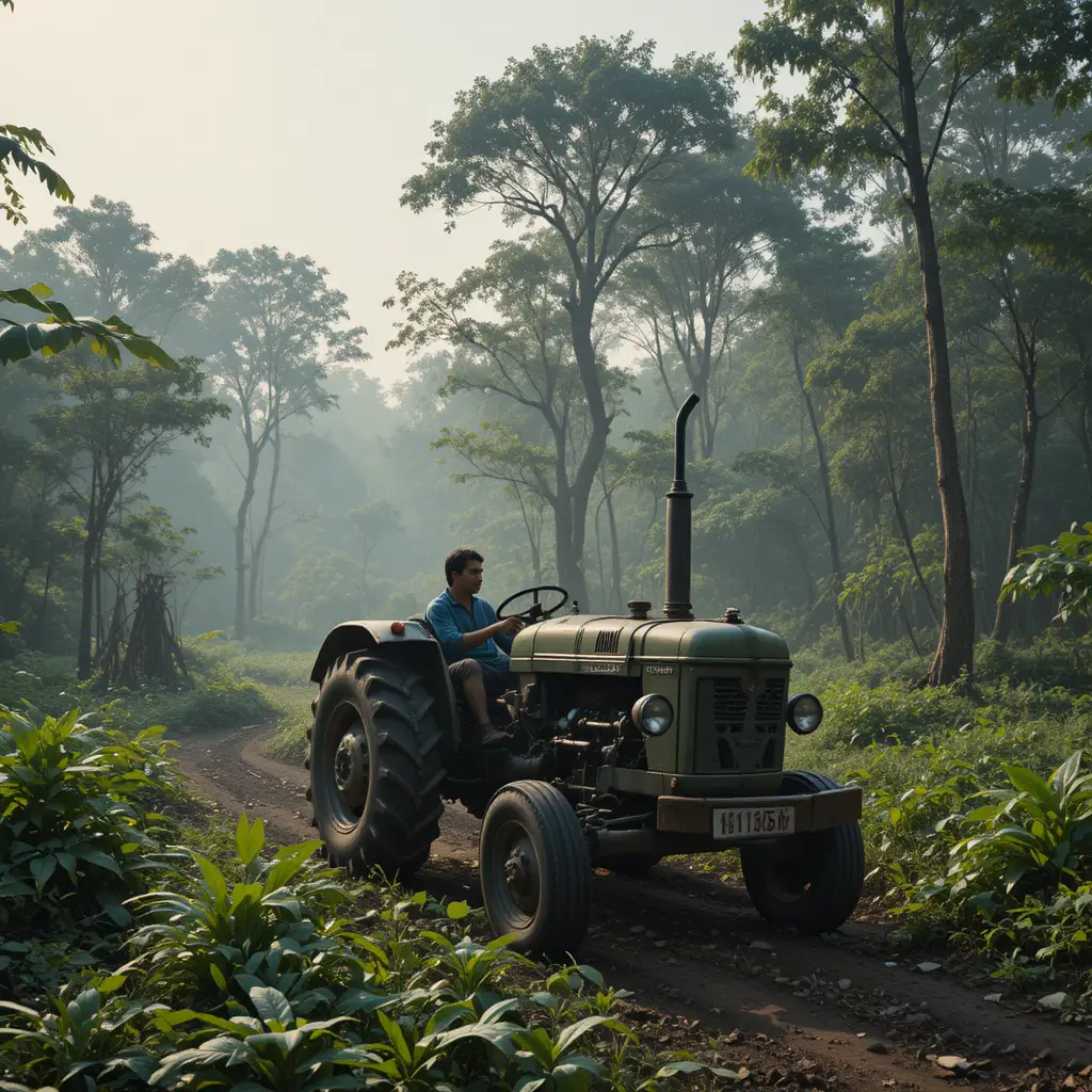 Fazendeiro dirigindo um trator antigo em uma estrada de terra ao amanhecer