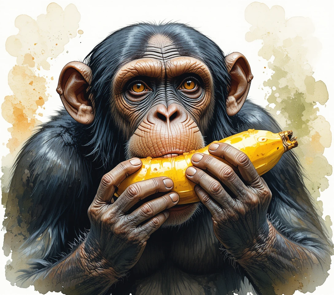 Adult chimpanzee eating a banana in a soft natural setting