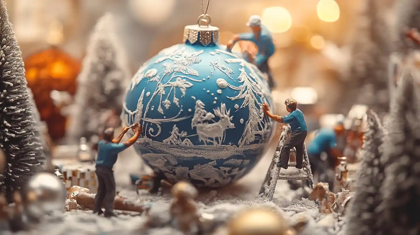 Ouvriers miniatures peignant une boule de Noël bleue