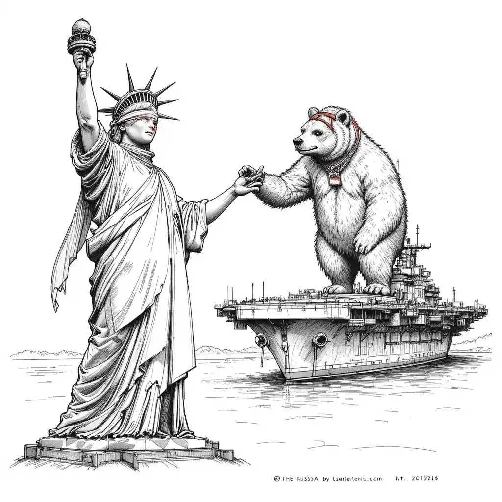 Statue of Liberty Shaking Hands With Russian Bear on Carrier