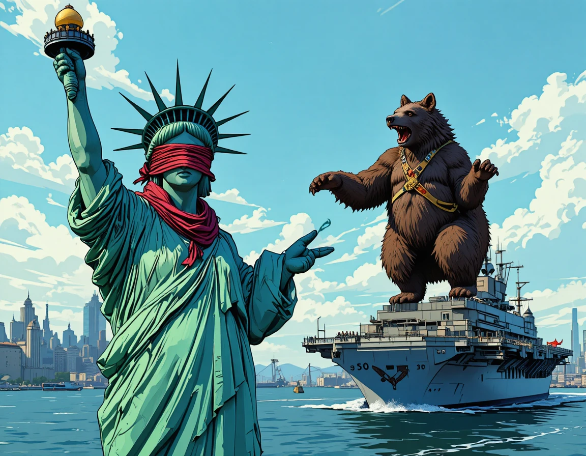 Statue de la Liberté Serrant la Main d’un Ours Russe sur un Porte-avions