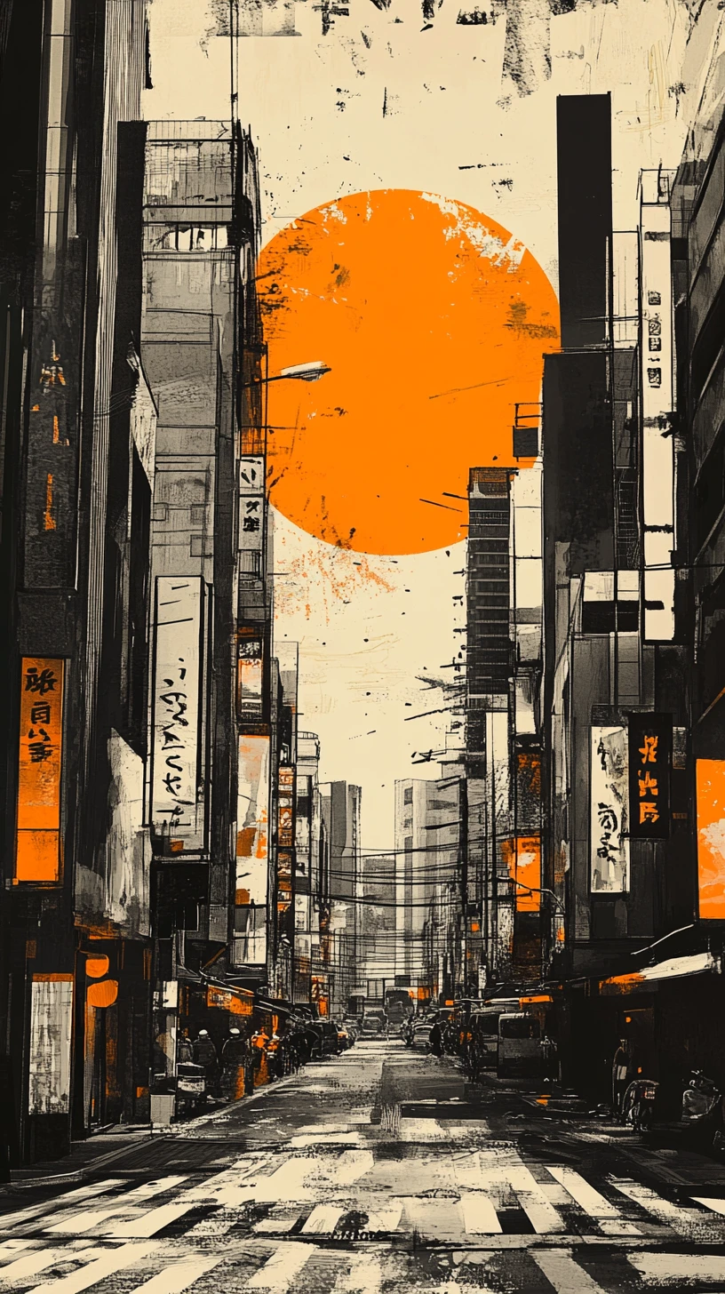 Strada di Tokyo al crepuscolo con il sole che tramonta dietro i grattacieli