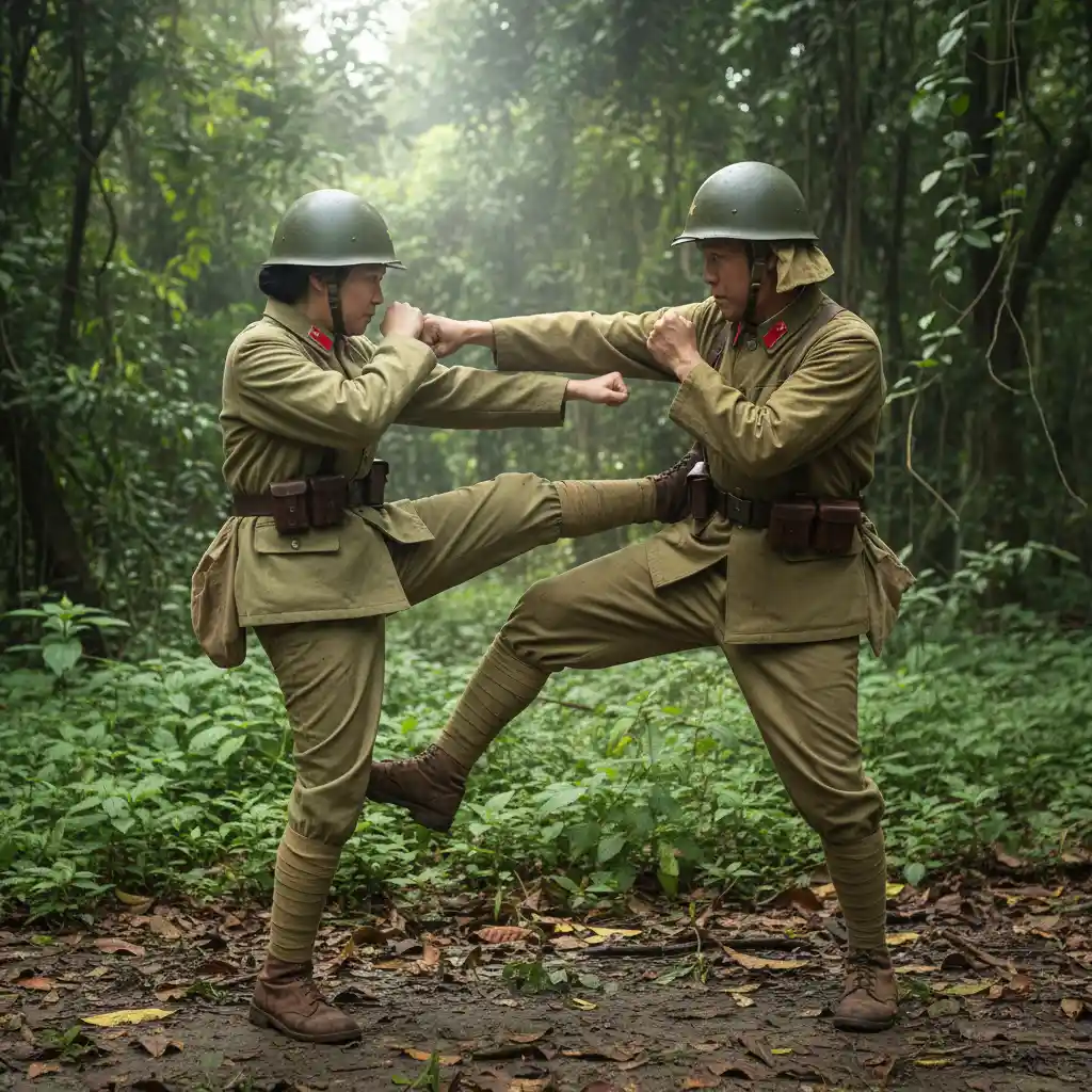 Soldados japoneses en entrenamiento de combate cuerpo a cuerpo en la selva